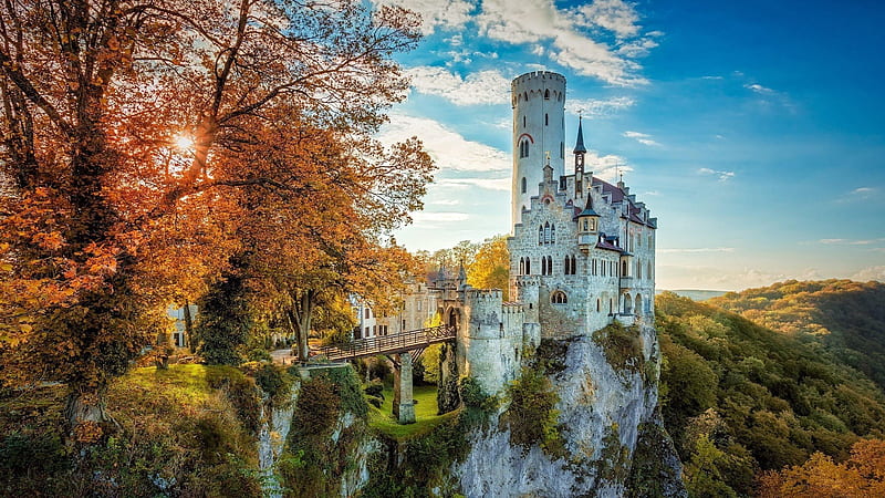 Autumn Trees Around the Lichtenstein Castle, Germany, forest, autumn, germany, castle, trees, Nature, HD wallpaper