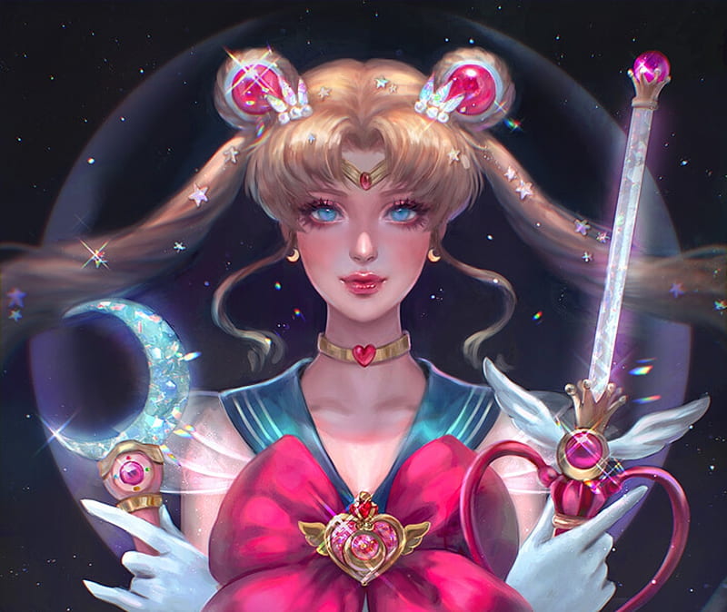 Sailor Moon, pink, blue, frumusete, moon, luminos, manga, abigail diaz, fantasy, serenity, girl, serafleur, anime, HD wallpaper