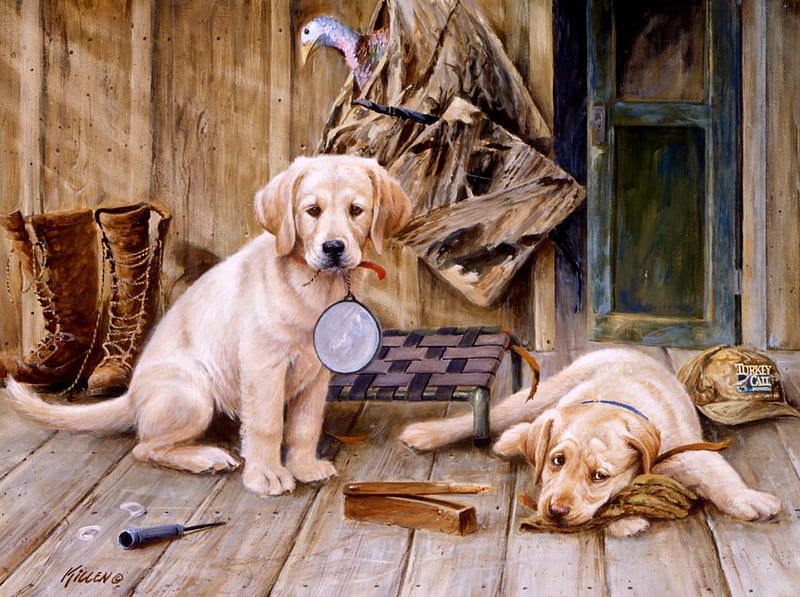 Labradors * By Jim Killen, art, hunting, jim killen, labrador, painting, dog, HD wallpaper