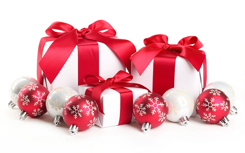 Christmas Balls, red, pretty, bonito, magic, ribbons, xmas, graphy, ball, beauty, lovely, holiday, christmas, new year, happy new year, gift, 3d, merry christmas, balls, white, gifts, ornament, HD wallpaper