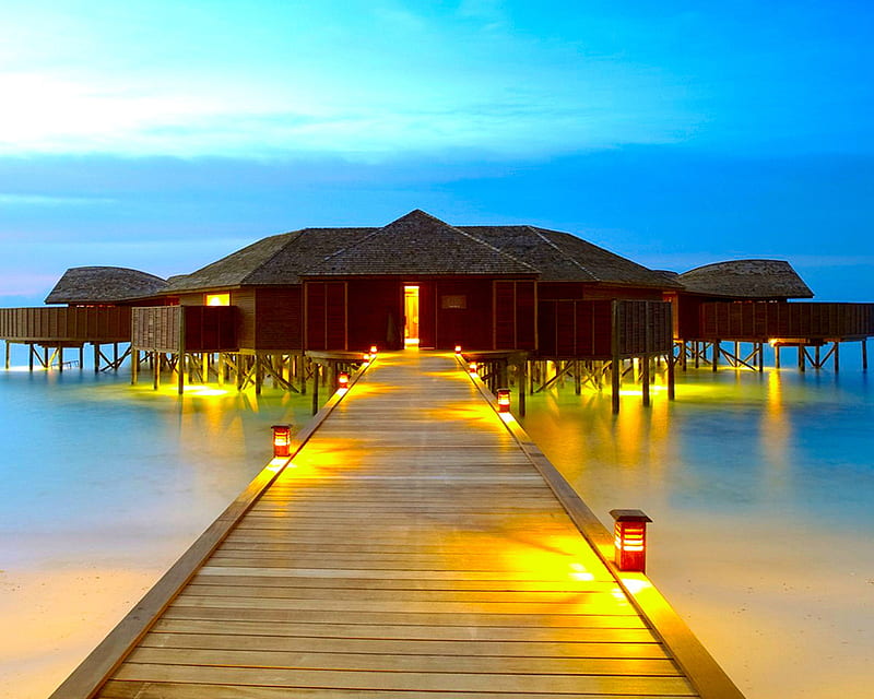 Tropical Island, hut, lights, new, ocean, sea, water, wharf, HD wallpaper