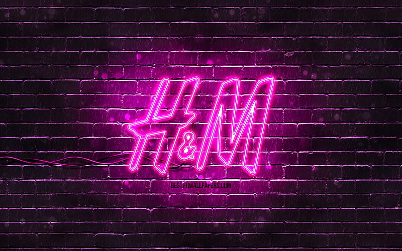 H and M purple logo purple brickwall, H and M logo, fashion brands, H and M neon logo, H and M, HD wallpaper