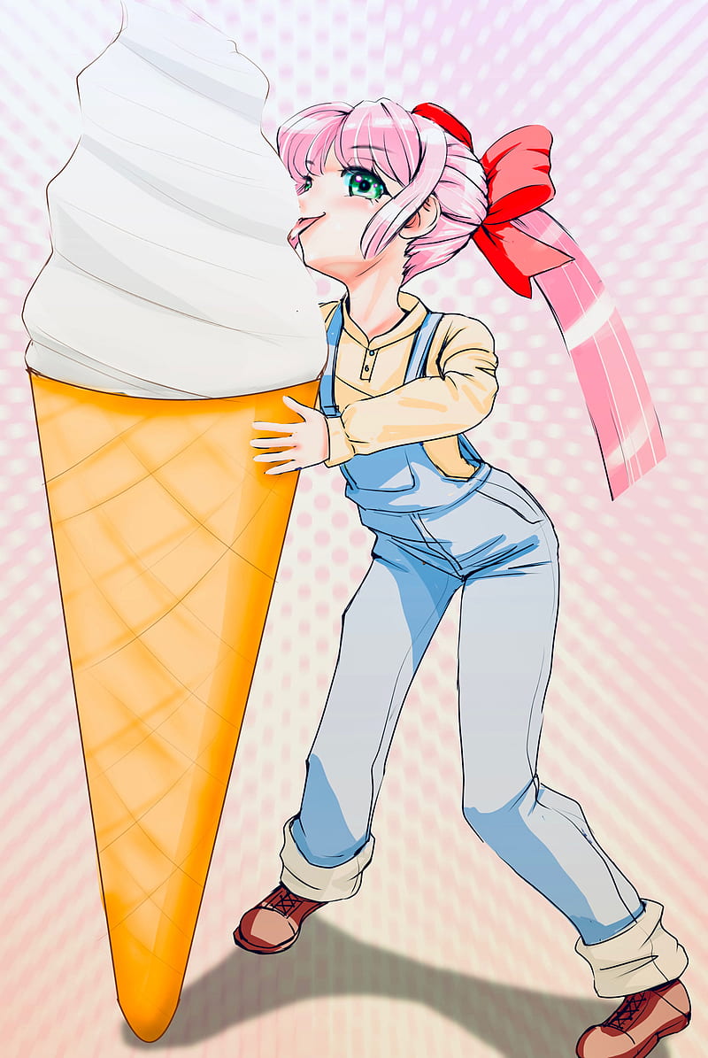 girl, protruding tongue, ice cream, horn, anime, HD phone wallpaper