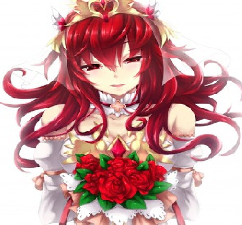 Elesis, red, pretty, dress, bride, bonito, sweet, gold, anime, flowers, beauty, long hair, art, female, lovely, necklace, roses, cute, girl, crown, lady, white, HD wallpaper