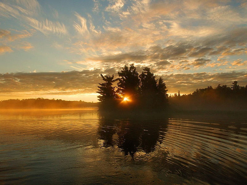 Lake Woods, Ontario, Canada, autumn, sun, water, colors, sunset, trees, sky, HD wallpaper