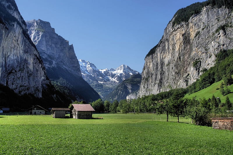 Lauterbrunnen Valley, mountain, house, nature, fun, field, HD wallpaper