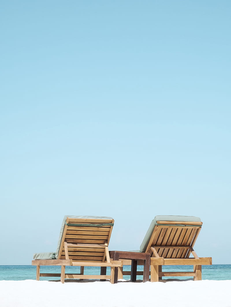 two brown wooden outdoor chaise loungers on beach, HD phone wallpaper