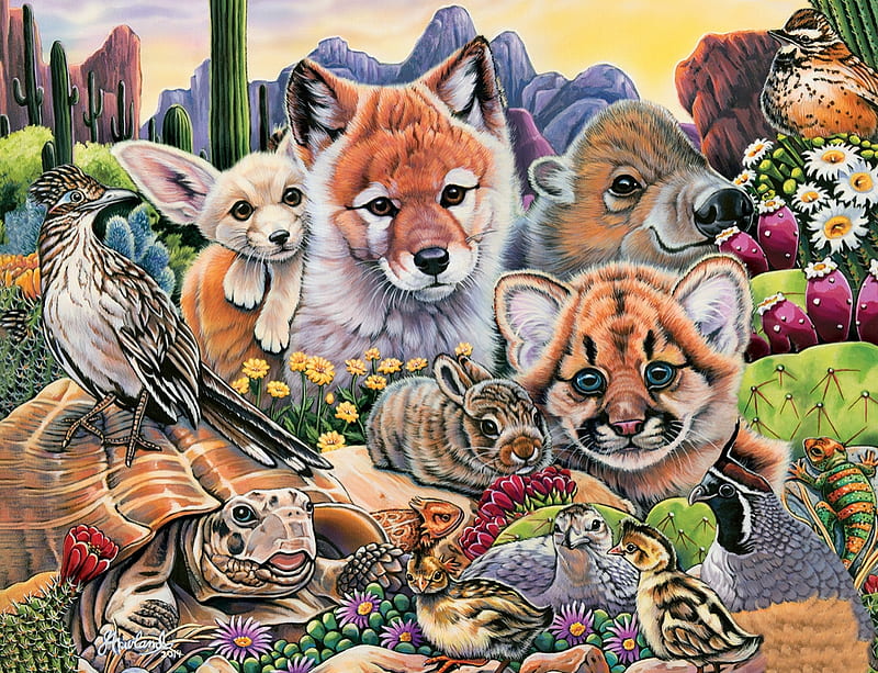 Animals, painting, bear, turtle, fennec, chicks, cat, art, animal, fox, cub, pictura, HD wallpaper
