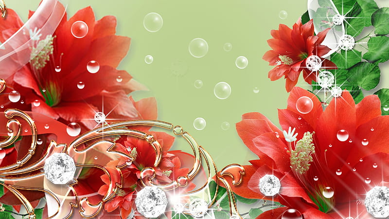 Blowing Bubbles, jewels, swirls, diamonds, leaves, gold, red flowers, summer, bubbles, flowers, HD wallpaper