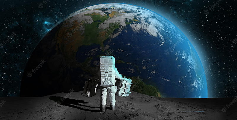 Premium . Astronaut on rock surface moon in space. spacewalk.astronaut standing looking at the earth on lunar moon landing mission.nebula, sun, planet.elements of this furnished by nasa.3D illustration, HD wallpaper
