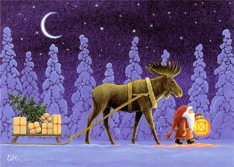 Santa coming, night, gifts, art, moose, moon, christmas, trees, HD wallpaper