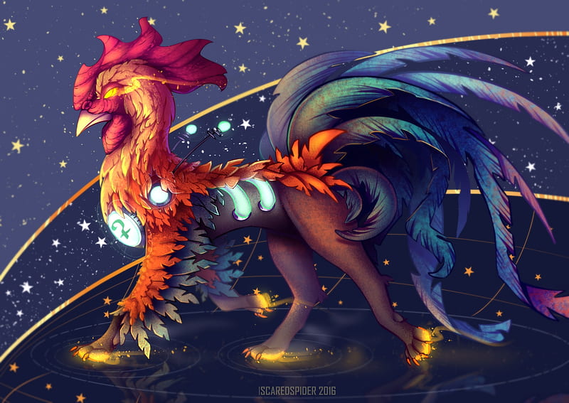 Chinese Zodiac Rooster, red, rooster, luminos, chiese, iscaredspider, zodiac, fire, fantasy, irina ryazhskikh, blue, HD wallpaper