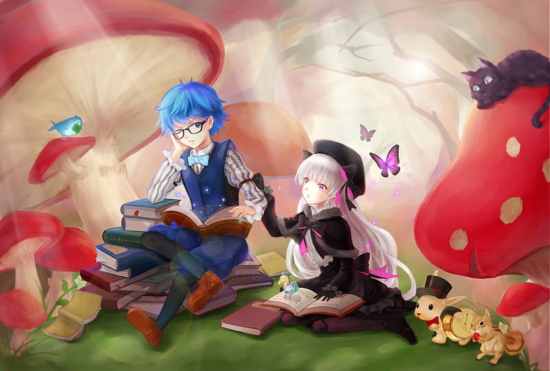 In the woods, red, children, glasses, animal, butterfly, anime, tokikouhime, caster, blue, art, nursery, manga, black, rhyme, cat, boy, girl, copil, mushrooms, fate extra, HD wallpaper