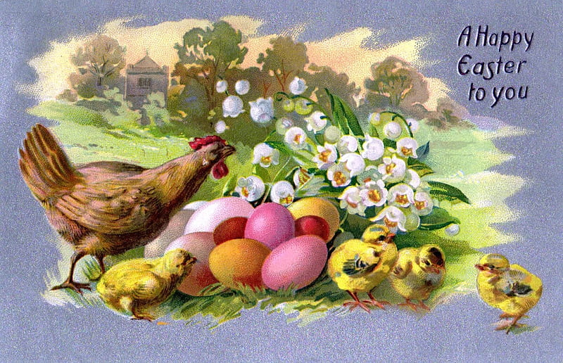 Happy Easter!, egg, bird, chicken, pasari, flowr, easter, vintage, card, HD wallpaper