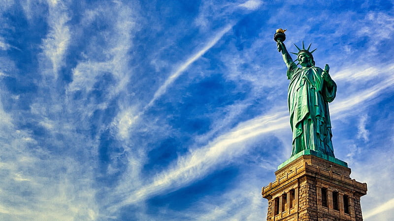the beautiful statue of liberty, monument, statue, clouds, sky, lady, HD wallpaper