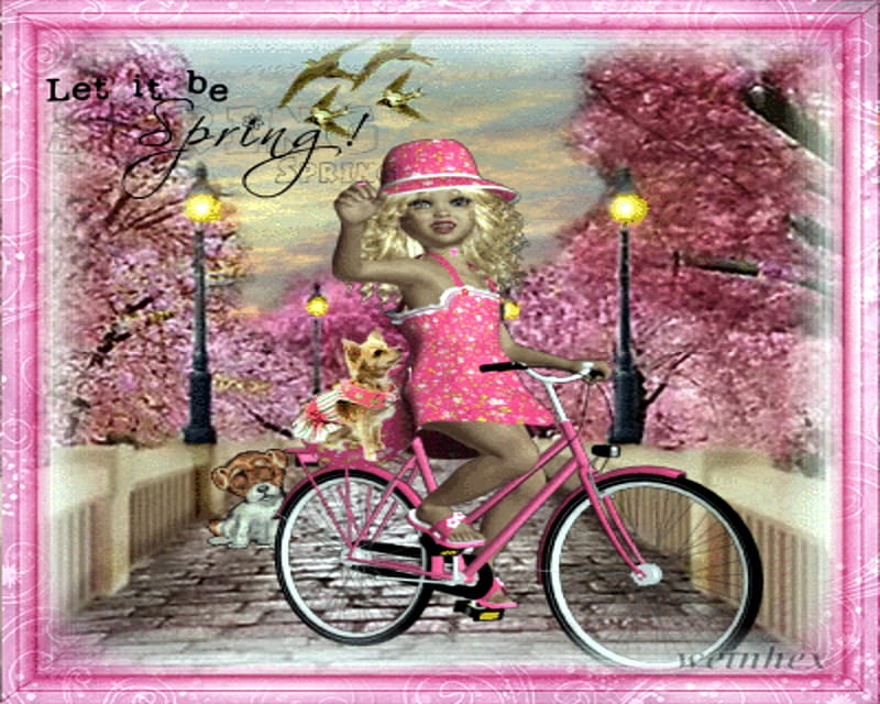 doll on bike, flowers, spring, bike, framed, doll, dogs, dog, HD wallpaper