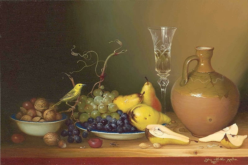Fruits and birds, art, fruit, pear, yana movchan, luminos, bird, vase, painting, glass, HD wallpaper
