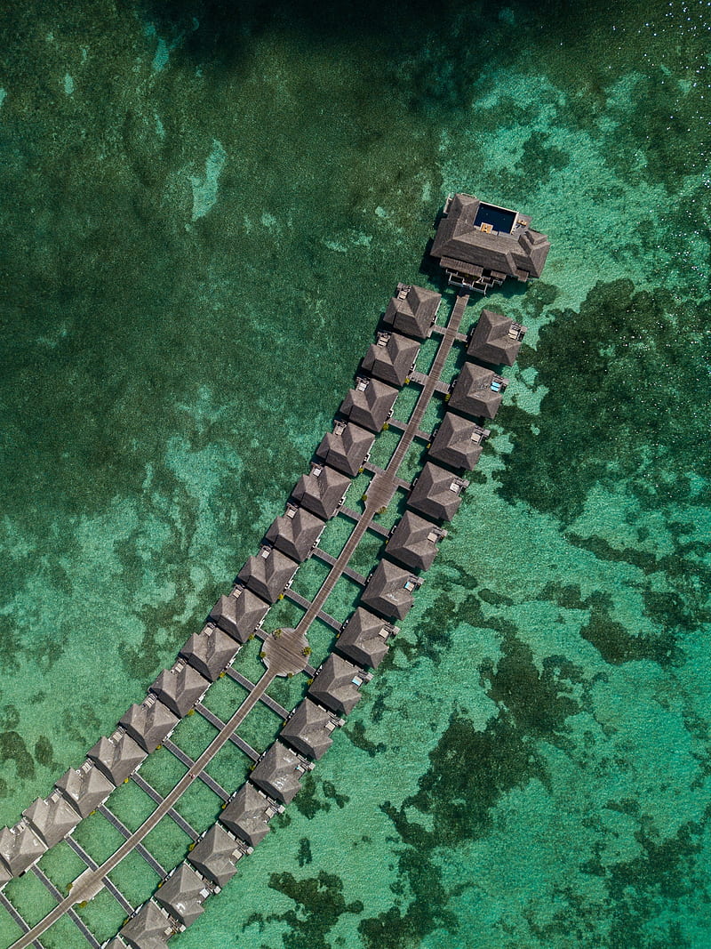 bungalow, ocean, aerial view, tropics, water, HD phone wallpaper