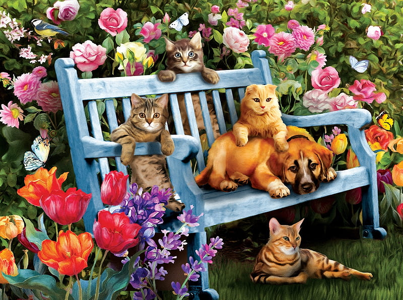 Hanging Out In The Garden, flowers, bench, spring, cats, painting, HD wallpaper