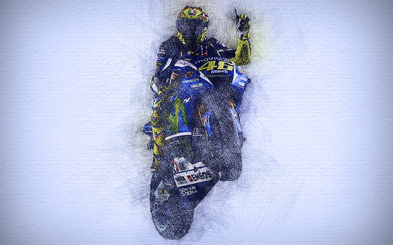 Valentino Rossi, artwork MotoGP, 2018 bikes, Yamaha YZR-M1, MotoGP stars, drawing Rossi, Movistar Yamaha Team, Rossi, HD wallpaper