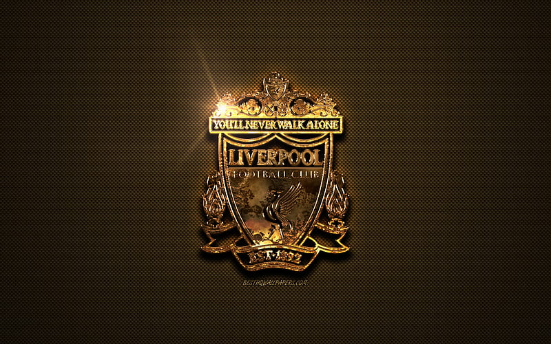 Liverpool FC, golden logo, English football club, golden emblem, Liverpool, England, Premier League, golden carbon fiber texture, football, HD wallpaper