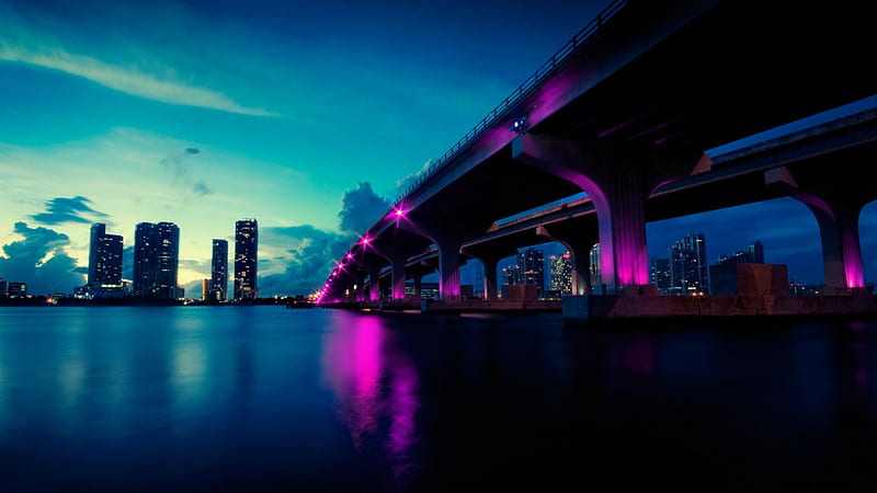 Miami Bridges, architecture, nighttime, bridges, skyline, Miami, coastal, HD wallpaper