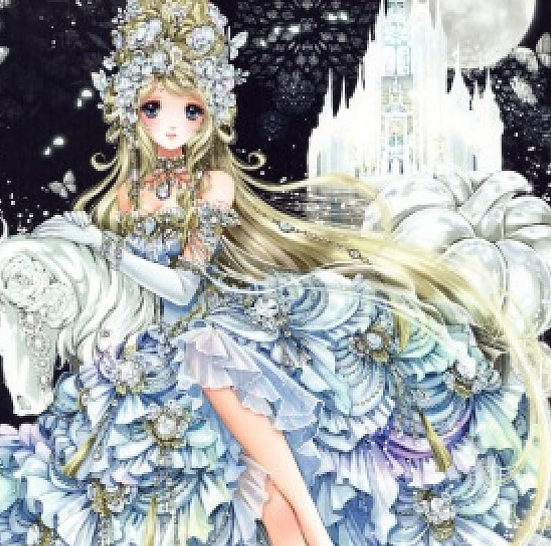 Cinderella, pretty, cg, sweet, floral, nice, butterfly, anime, beauty, anime girl, realistic, long hair, lovely, gown, blonde, palace, fairy tales, maiden, dress, blond, rose, bonito, elegant, blossom, gorgeous, female, blonde hair, horse, blond hair, girl, flower, petals, lady, castle, HD wallpaper
