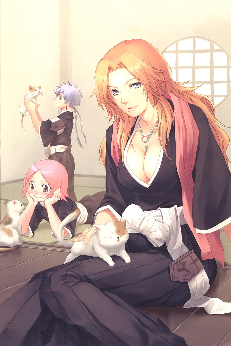 phone, anime, Bleach, big boobs, cats, Matsumoto Rangiku, Kusajishi Yachiru, Kotetsu Isane, HD phone wallpaper