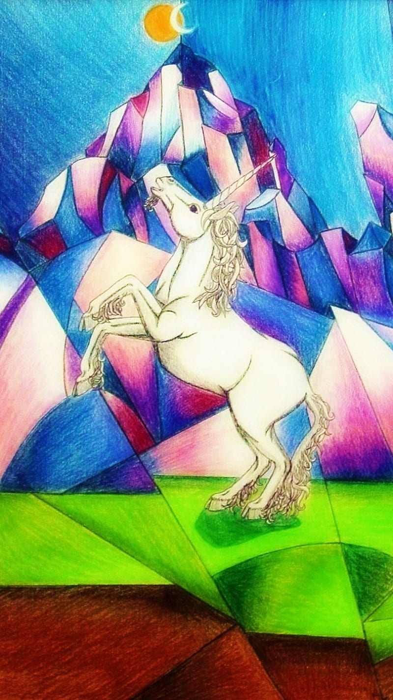 World Apart Unicorn, art, colors, drawn, fantasy, geometric, horse, myth, rocks, HD phone wallpaper