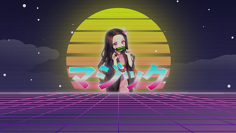 Demon Slayer Nezuko Kamado Vaporwave With Background Of Moon Dark Sky And Stars Anime, HD wallpaper