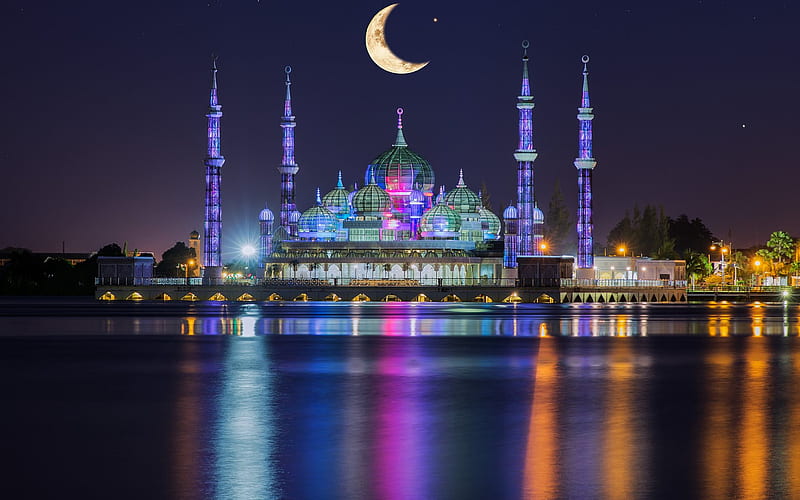 Crystal Mosque, night, Kuala Terengganu, Malaysia, HD wallpaper