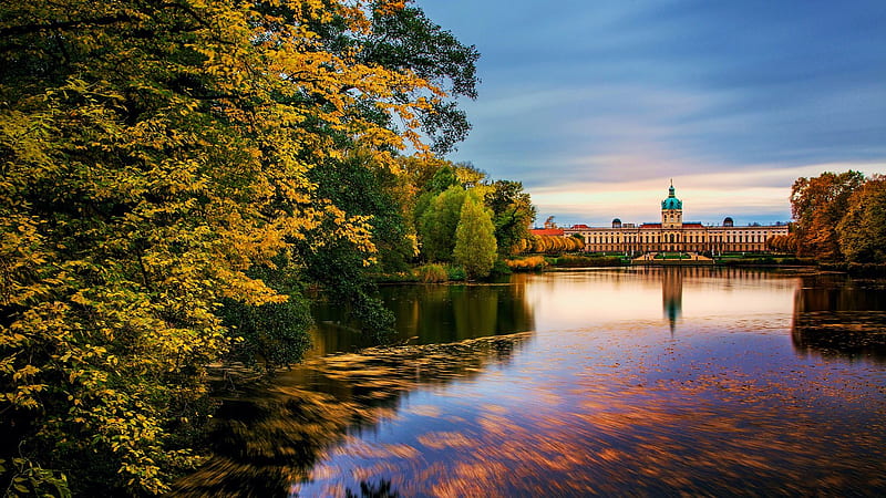 Charlottenburg Palace, Berlin, Germany, leaves, colors, autumn, building, trees, water, reflections, park, HD wallpaper