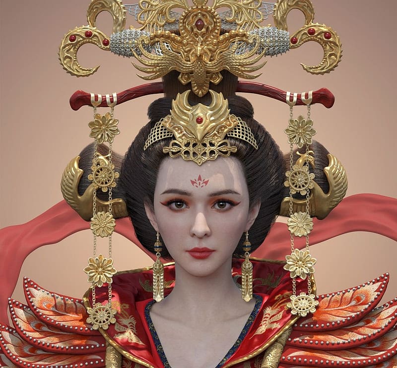 Empress of China, red, art, fantasy, asian, portrait, face, HD wallpaper