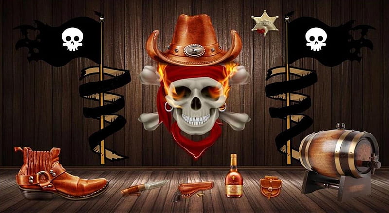 Sheriff Crossbone, boot, Sheriff, drink, barrel, skull, bones, knife, pistol, hat, flames, HD wallpaper