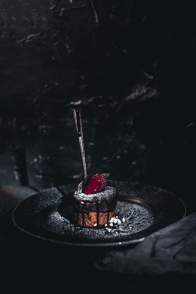 cake, dessert, strawberry, spoon, dark, HD phone wallpaper