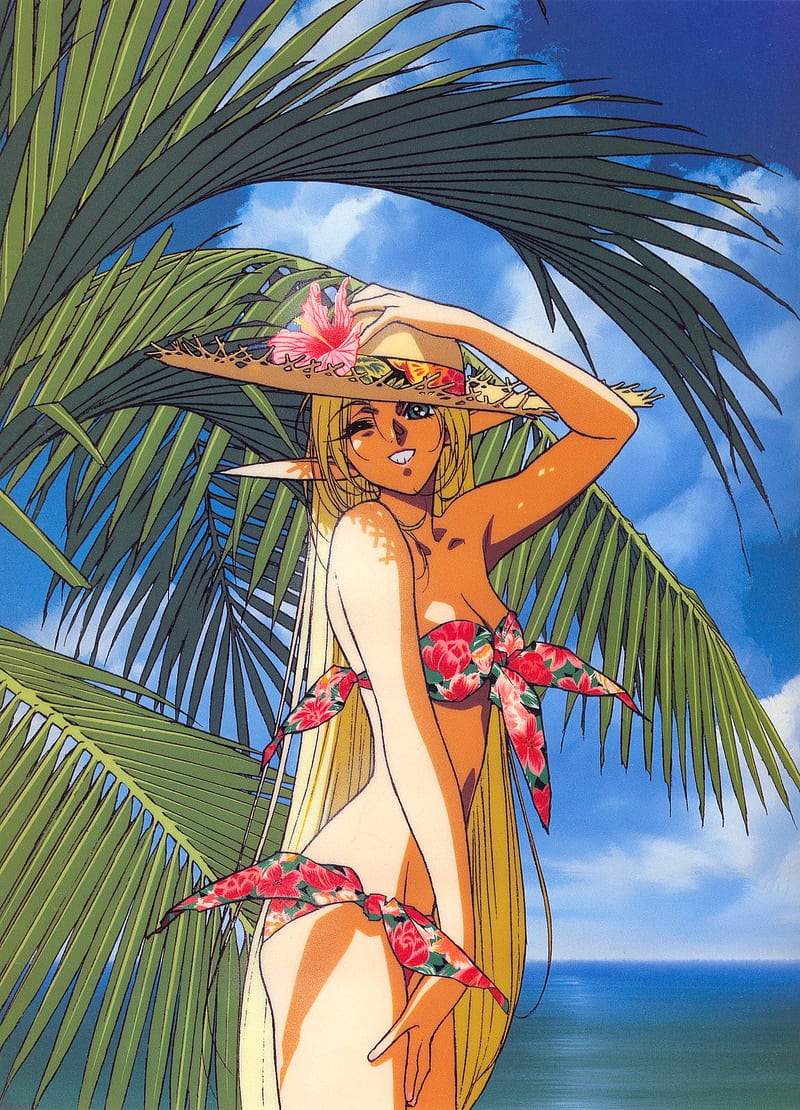 anime, Record of Lodoss War, anime girls, hat, palm trees, HD phone wallpaper