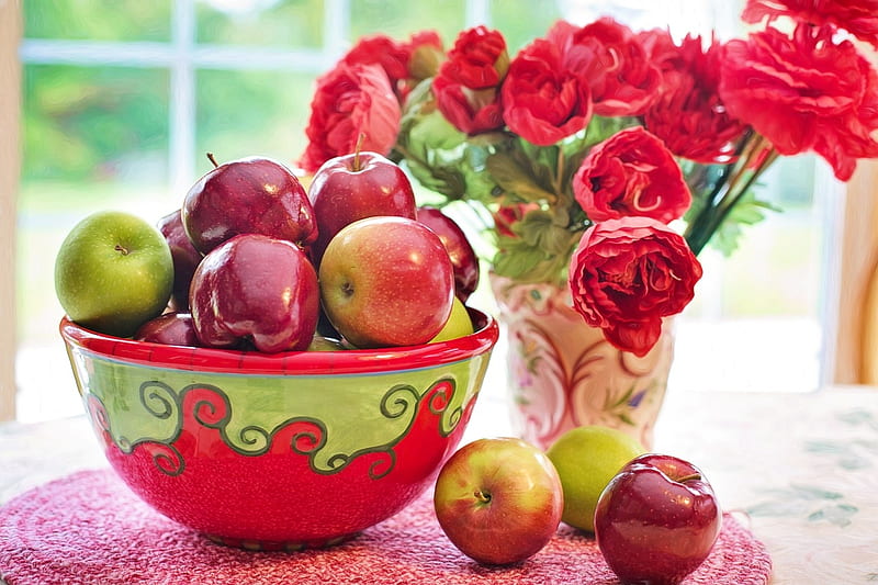 Bowl with red apples, Bowl, Red, Apples, Fruits, Flowers, HD wallpaper