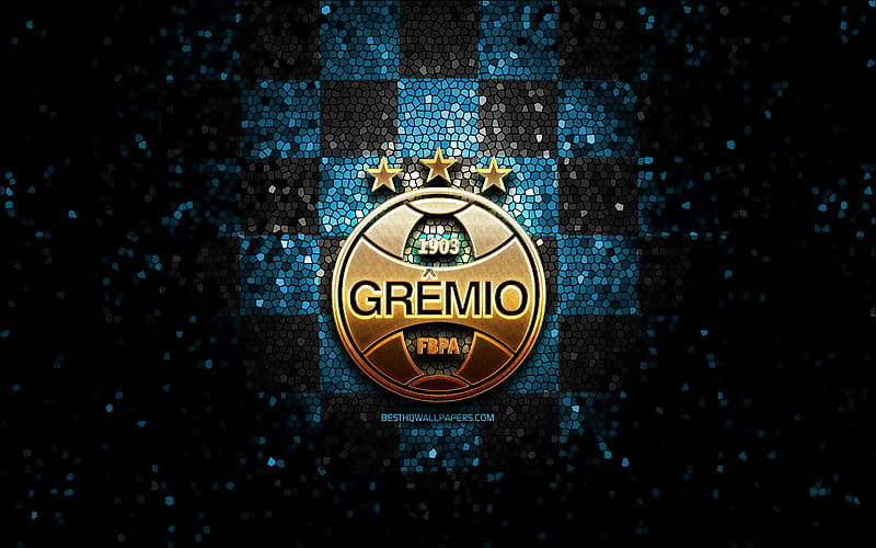 Gremio FC, glitter logo, Serie A, blue black checkered background, soccer, Gremio FB Porto Alegrense, brazilian football club, Gremio logo, mosaic art, football, Brazil, HD wallpaper