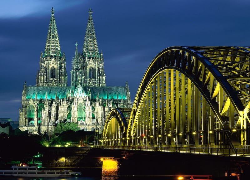 Cologne Cathedral and Bridge, cologne, bridge, church, graph, cathedral, night, HD wallpaper