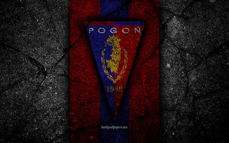 Pogon Szczecin FC logo, Ekstraklasa, soccer, football, black stone, Poland, Pogon Szczecin, football club, asphalt texture, FC Pogon Szczecin, HD wallpaper