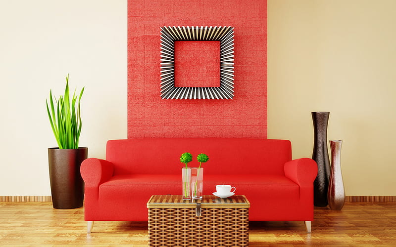 stylish interior, living room, red leather sofa, light itnerier, modern design, HD wallpaper