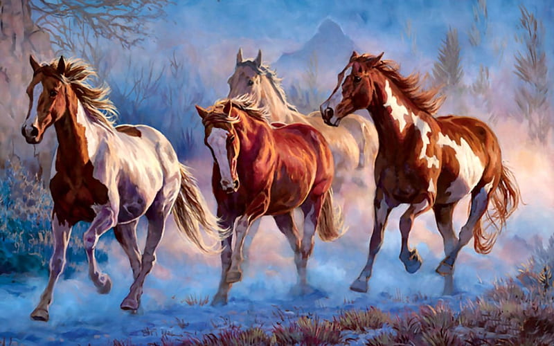 Evening Run F2, art, canter, herd, equine, horse, artwork, animal, painting, wide screen, HD wallpaper