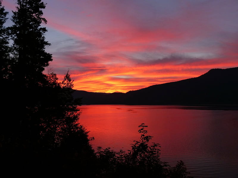 Canim Lake, hills, scenic, glowing, sky, British Columbia, lake, water, mountains, nature, sunrise, landscape, canada, HD wallpaper