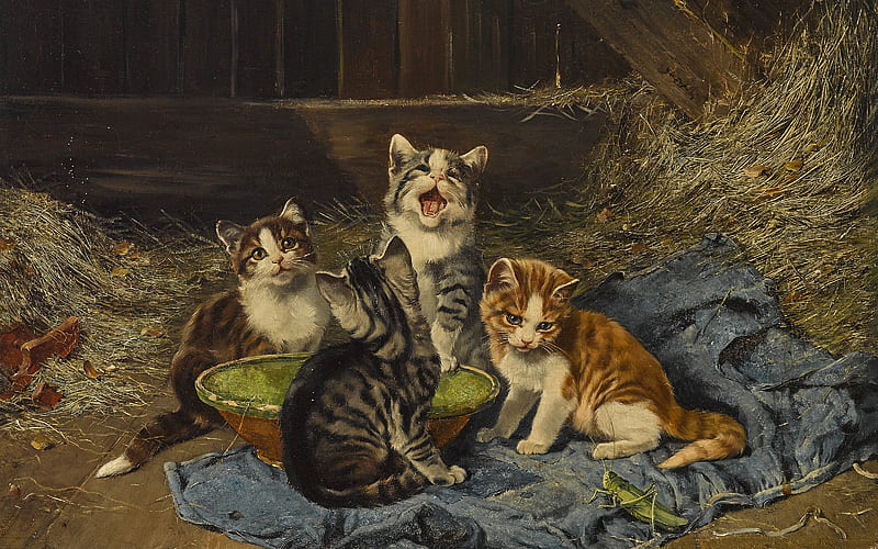 Four kittens with grasshopper in the stable, art, julius anton adam, grasshopper, cute, painting, cat, kitten, animal, pictura, HD wallpaper
