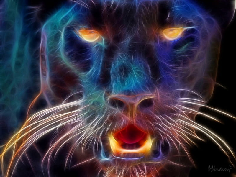panther, colorful, cg, yellow, fantasy, wild, bright, dangerous, electric, black, cat, feline, 3d, whiskers, dark, fangs, nature, HD wallpaper