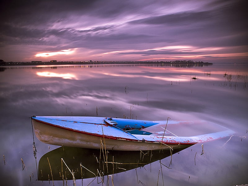 Pointless, derelict, boat, sunset, forgotten, sea, HD wallpaper