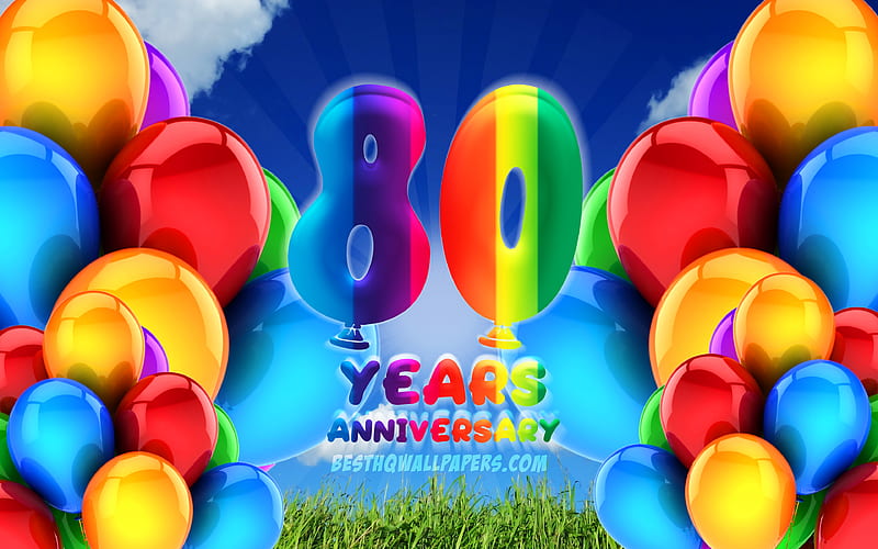 80 Years Anniversary, cloudy sky background, colorful ballons, artwork, 80th anniversary sign, Anniversary concept, 80th anniversary, HD wallpaper
