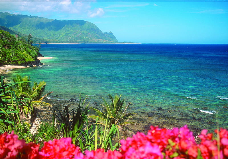 Hanalei Bay, Kauaʻi, Hawaii, polynesia, holiday, hawaii, ocean, honeymoon, escape, pool, sea, lagoon, beach, fantasy, sand, tropical, kauai, HD wallpaper