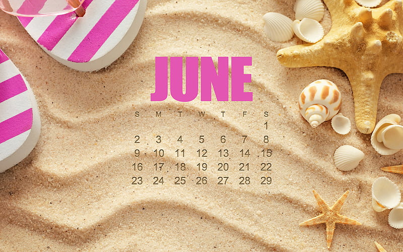 June 2019 calendar, summer, beach, travel, sandy background, June, 2019 calendars, beach accessories, HD wallpaper