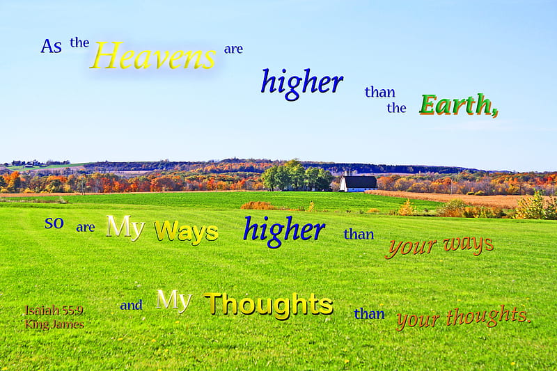 God's Ways-Thoughts are Higher, field, colored leaves, fall, trees, autumn, Bible, water, HD wallpaper